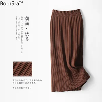 

BornSra New Style For Autumn Winter Skirt Slim Slimming Wild Knitted Long Skirts Pleated Skirt
