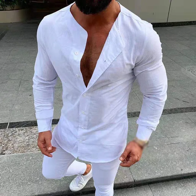 White Мужские топы, мужские рубашки, пляжные летние с вырезом лодочкой, повседневные Модные на пуговицах, большие размеры, спортивные с длинным рукавом - Цвет: White