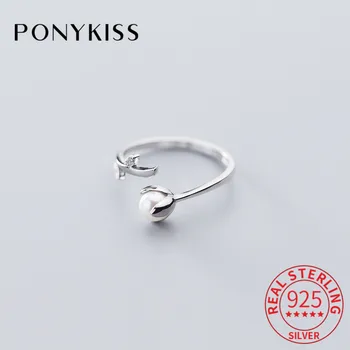 

PONYKISS Genuine S925 Sterling Silver Leaf Zircon Pearl adjustable Ring Woman Party Fine Jewelry Accessory Romantic Chic Gift