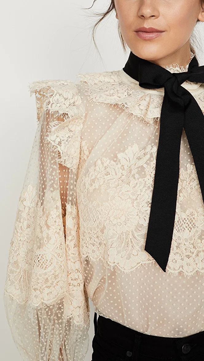 Подиум дизайнер Zim бренд белый черный женская блузка с бантом элегантный кружевной фонарь длинный рукав сетка винтажная женская блузка рубашка