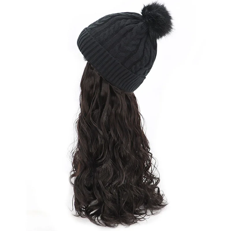 FEELSI парик для женщин, длинные волнистые волосы, вязаная плюшевая шапка, парик One Peice, осенний и зимний женский модный синтетический парик, шапка, полный парик
