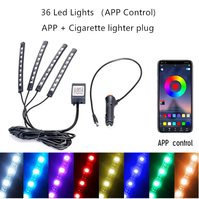 Car Interior Light RGB LED Decorative Light Strip With USB Wireless Remote Music Control Multiple Modes Car Foot Light 36LED Cigar APP