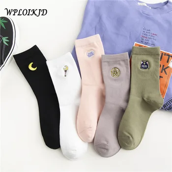 

[WPLOIKJD]College Style 5 Pair Cute Embroidery Moon Pattern Funny Socsk Women Personality Trend Fashion For Ladies Girl's Gifts