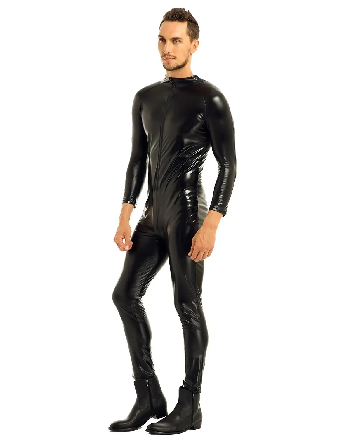 IEFiEL мода мото мужчины бодичулок лакированная кожа Wetlook передний Облегающий комбинезон с застежкой-молнией комбинезон Ночная Клубная одежда костюм представление