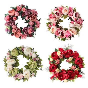 

Artificial Door Knocker Simulation Silk Rose Flowers Wreath Foam Straw Garland Wedding Decoration Home Party Decor Flores Round
