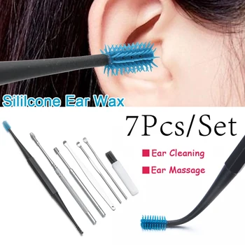 

7pcs/set New Design Ear Pick Wax Remover Cleaner Soft Silicone+Stainless Steel Earpick Spoon Curette Cleaning Tool Spiral