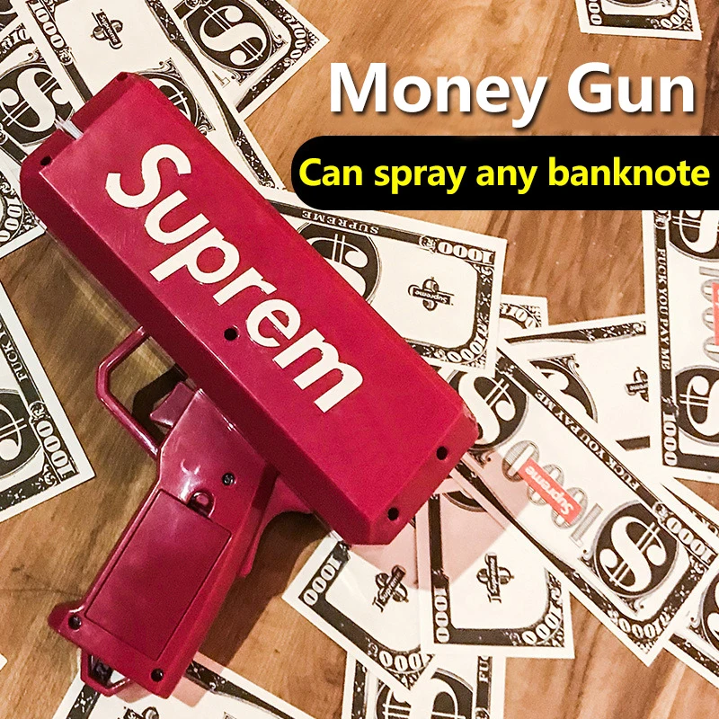 Money gun, electric burst hair money gun, Red Pink toy Christmas gift party toys games 100 pcs cash fashionable money gun toys