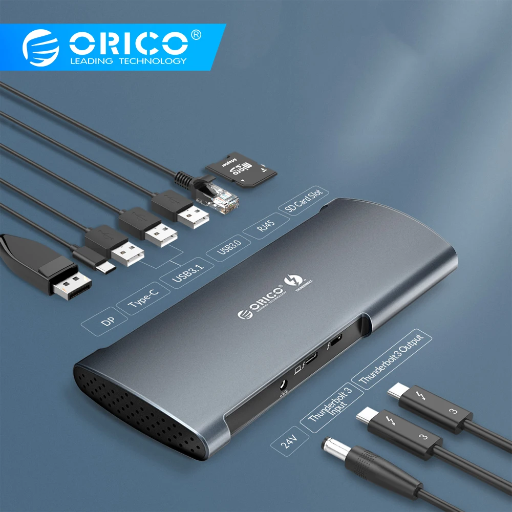 

ORICO 8 in 1 Thunderbolt 3 Dock USB Type C HUB to USB3.0 DP RJ45 SD4.0 60W Charging Adapter 40Gbps For MacBook Pro Air Huawei