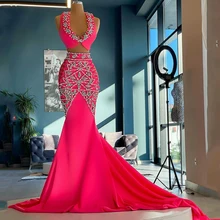 

New Arrival Sexy Two Piece Elegant Mermaid Party Dresses Crystals Pearls Women Long Train Fashion Prom Evening Gowns Custom Made