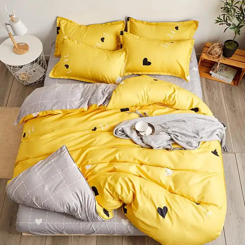 56home Textile Printed Yellow Red Solid Bedding Set Family Flat