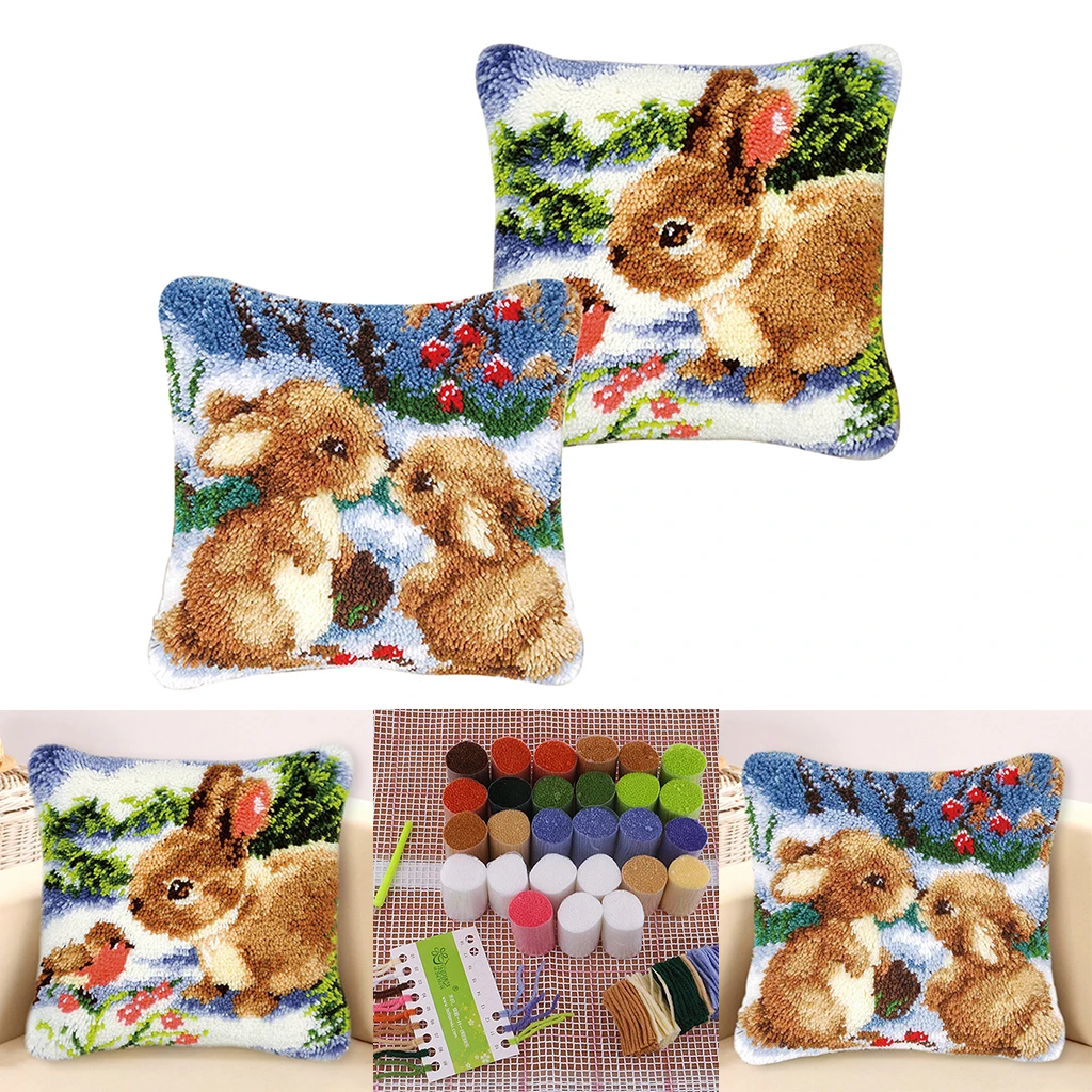 2 Set 43x43cm Cute Rabbits Latch Hook Kits Pillow Making Crafts for Kids Adults Craft