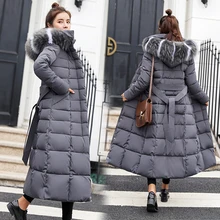 Women Winter Jacket Fur Hooded Parka Women Winter Coat Cotton Padded Parka X-Long Warm Thicken Outerwear Winter Long Coat