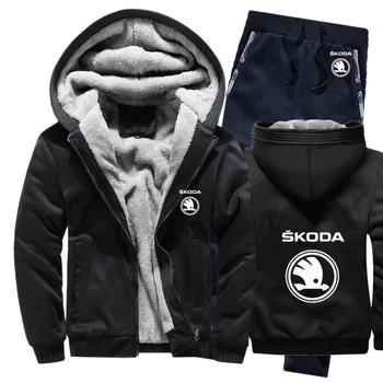

Hoodies Men Skoda Car Logo Mens Hoodies Suit Winter Thicken Warm Fleece cotton Zipper Tracksuit Mens Jacket+Pants 2Pcs Sets