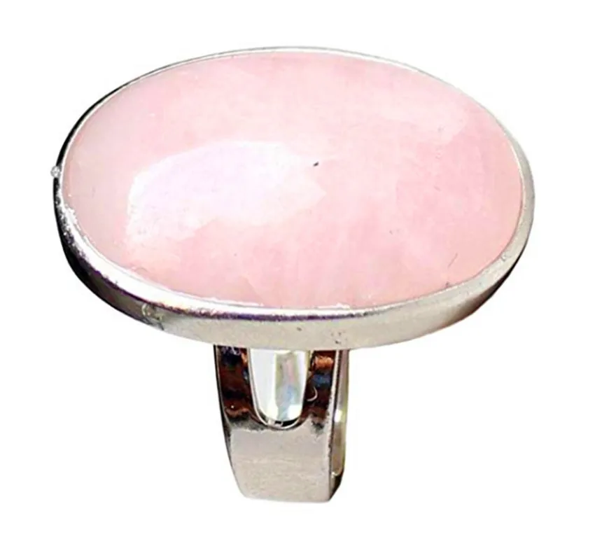 

FYJS Unique Female Anniversary Gift Silver Plated Oval Shape Natural Rose Pink Quartz Resizable Finger Ring