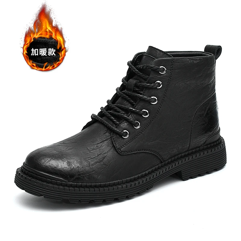Рабочие мужские ботинки; модная зимняя теплая обувь; черные повседневные зимние ботинки на шнуровке; мужские короткие плюшевые ботинки из натуральной кожи
