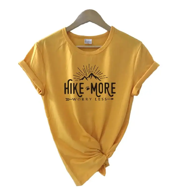 yellow t black words Hike More Worry Less футболка на открытом воздухе Wanderlust Футболка женская Стрела Приключения Кемпинг природа Топ Футболка короткий рукав женские топы - Цвет: yellow t black words