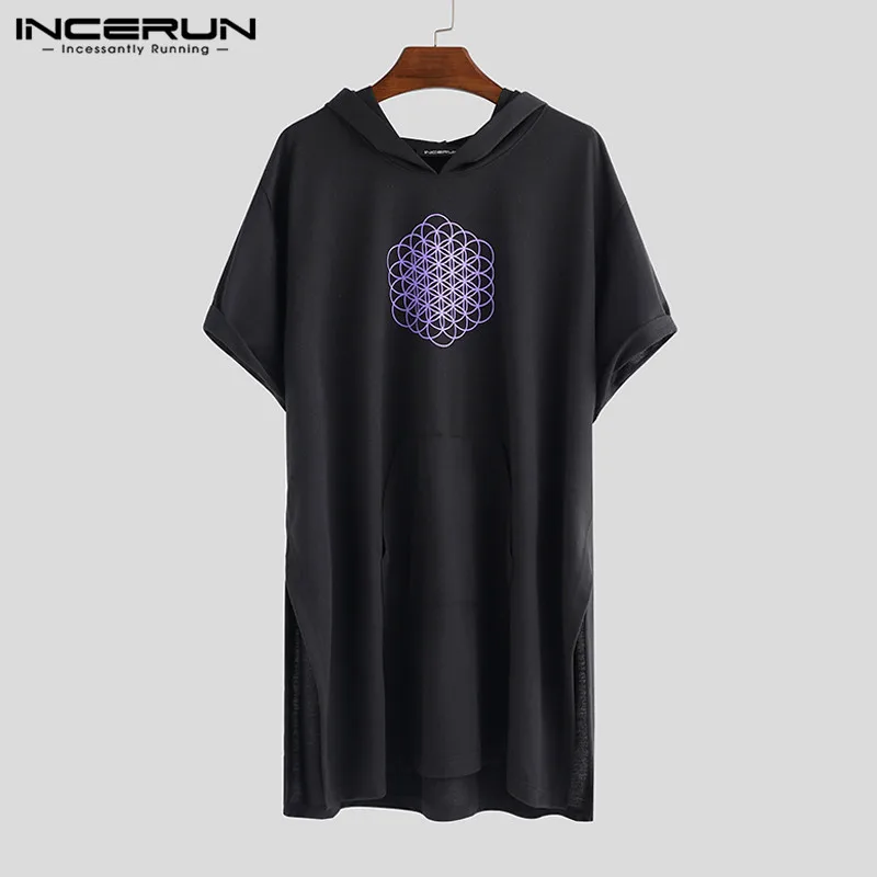 Black INCERUN, Мужская футболка с капюшоном, короткий рукав, карманы, принт, пончо, длинный пуловер, мешковатый, Ретро стиль, хип-хоп, уличный плащ, топы для мужчин - Цвет: Black