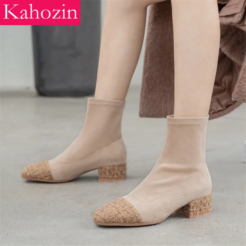 

WinterBoots Ankle Boots for Women Suede Vamp Slip-on Lattice Square Heel 4CM Apricot Black Fashion Four SeasonsWomen Short Boots
