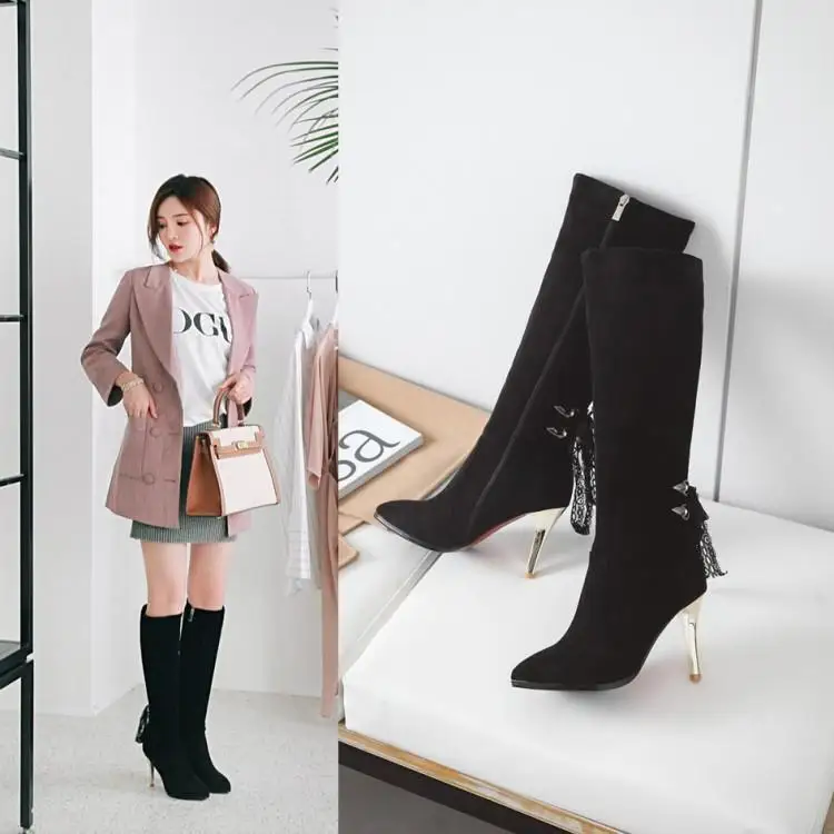 

Spring-Autumn Fashion Women Boots Rubber Boots Knee-High Pointed Toe Super High Thin Heels Woman Boots Botas Mujer Size 34-43