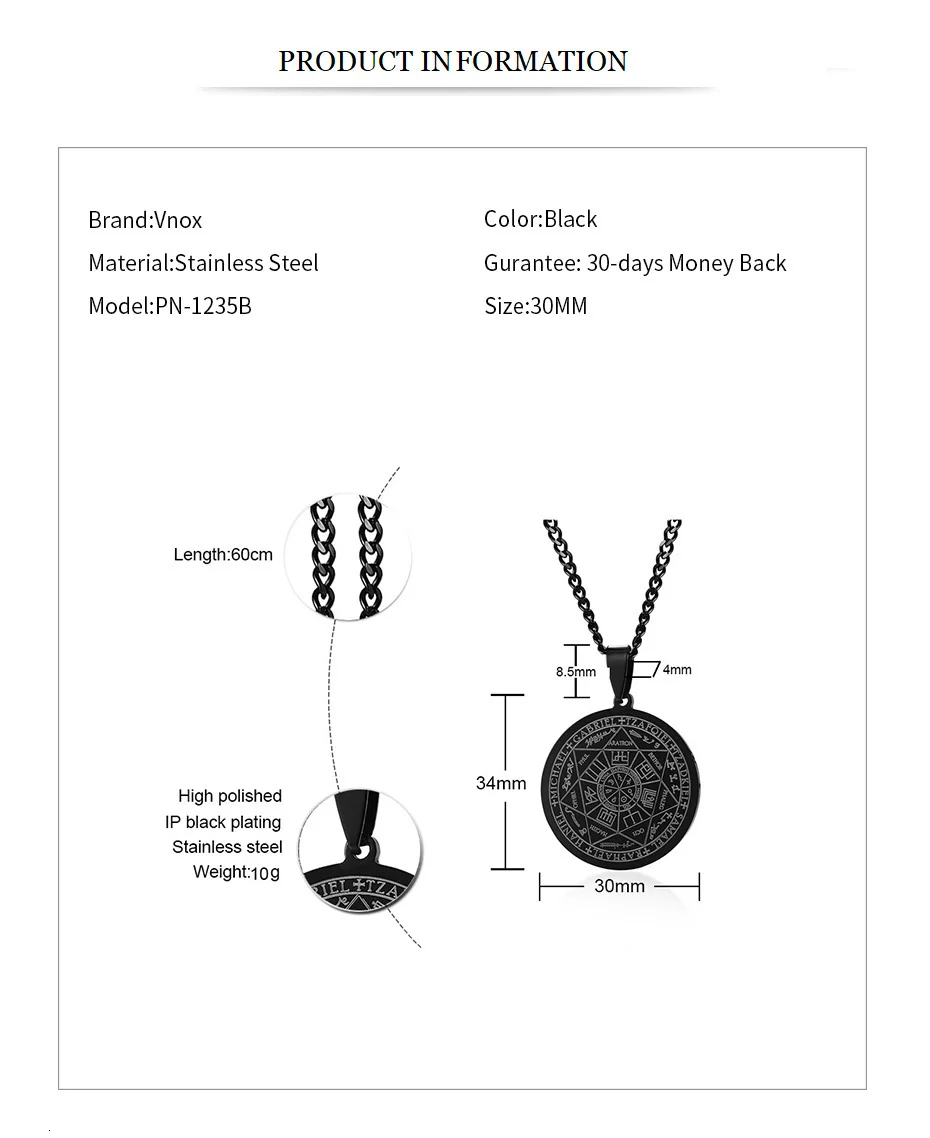 Vnox, черные, с гравировкой, печать, семь подвесок для мужчин, нержавеющая сталь, круглое ожерелье амулет с 2" цепочкой