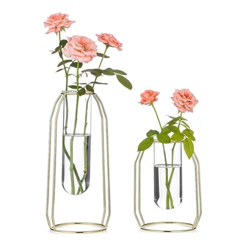 

Clear Glass Flower Vases,Set Of 2 Centrepiece Vases with Metal Stand for Living Room Bedroom Bathroom Kitchen Decor-Gold
