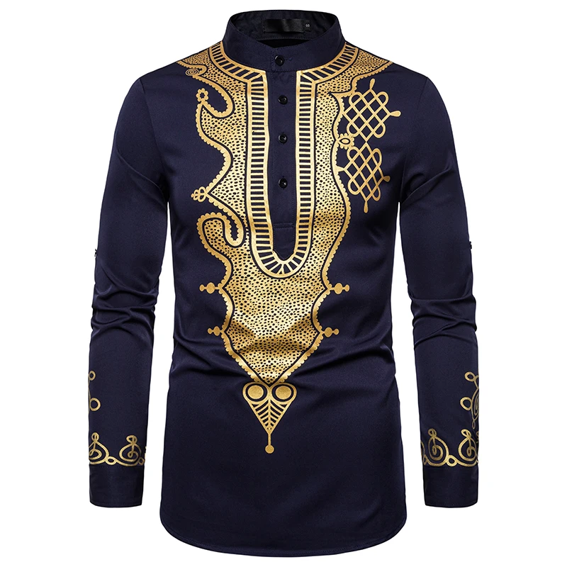 

PUIMENTIUA Autumn Men's African National Style Shirt Fashion Casual Print dashiki robe Shirt Totem Shirt hip hop Court Shirt