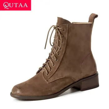 

QUTAA 2021 Autumn Winter Zipper Lace Up Ankle Boots Square Heel Women Shoes Pigskin Casual Round Toe Ladies Pumps Size 34-42