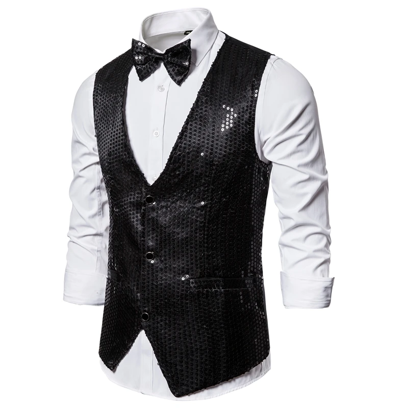 CYSINCOS Fashion Men Vests Suits Slim Sequins Gold Colorful Dj Stage Men Sequins Vests Free Shipping Plus Size S-2XL