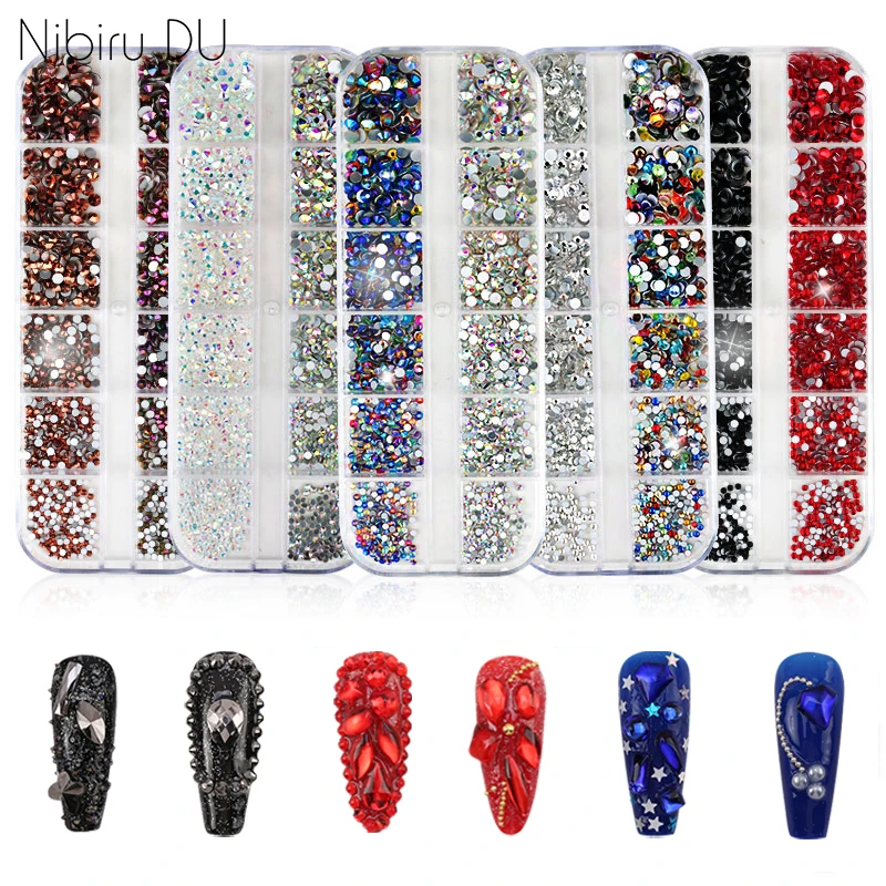 Wholesale 12 Grids Nail Rhinestones Multisize Mixed Color Crystal