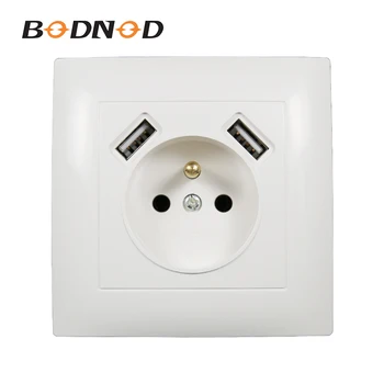

High Quality USB Wall French Socket Double USB Port 5V 2A USB One Socket White With Ground Wall Electronic Socket LC-19