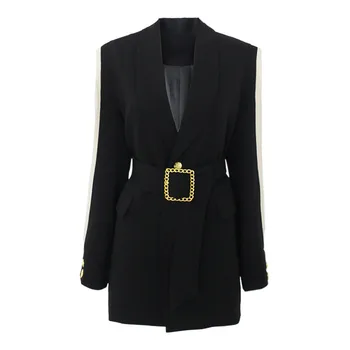 

Chic Patchwork Mesh Blazer Women Female Spring Summer Pocket Single Button Belt Sash Long Sleeve Office Lady Blazer Coat Tops