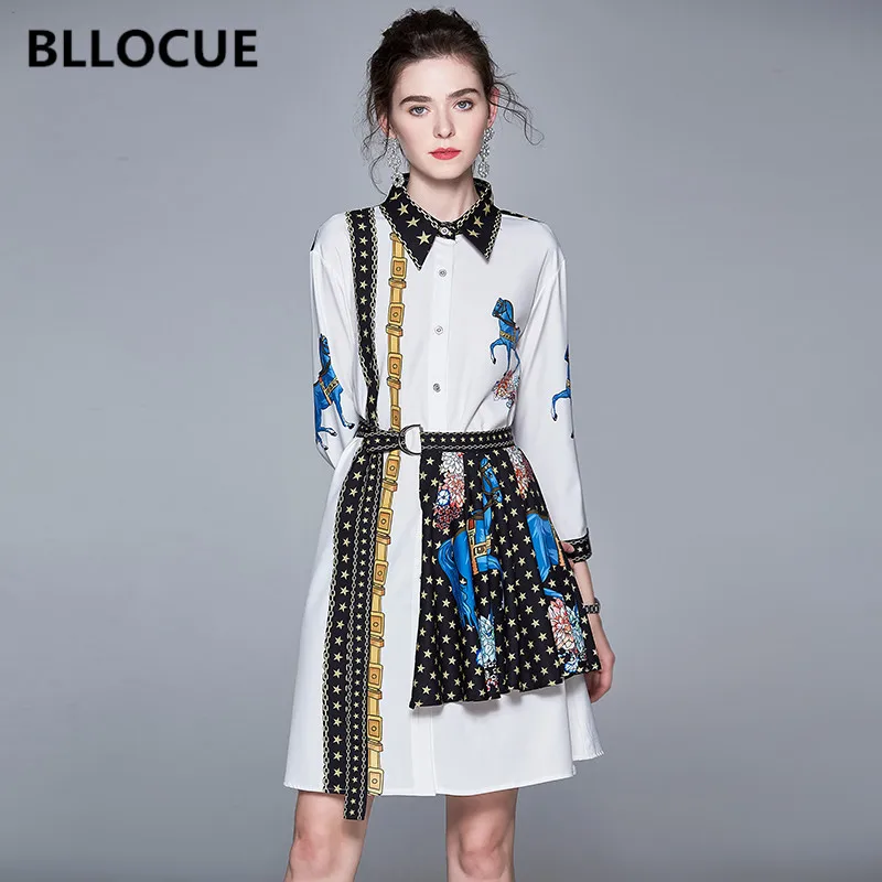 

BLLOCUE 2019 Autumn Designer Runway Women Two Pieces Set Fashion Animal Print Long Sleeve Shirt+Vintage Splice Mini Skirt Suits