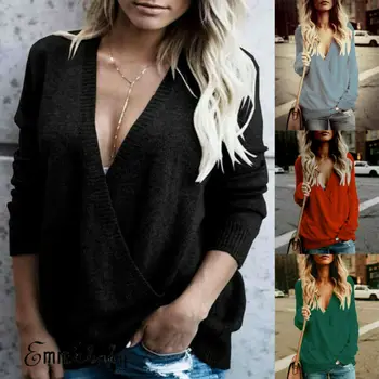 

Plus size Women Sexy V-Neck Long Sleeve Knitted BlouseLoose Casual Solid Tops Blouse Autumn Winter women sweater V Neck tops