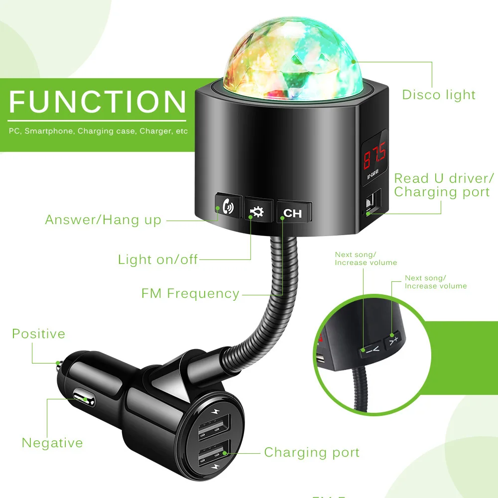 Car MP3 Player Car Starry Sky Disco Light Three USB Charger Bluetooth Car Kit With Music Player Colorful