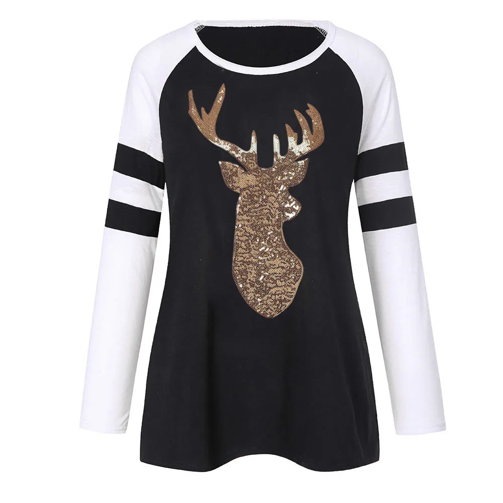 Plus Size S-5XL Christmas Tops Women T-shirt Elk Print Xmas Long Sleeve Happy Tops T Shirt Winter Female Roupas Feminina T-shirt