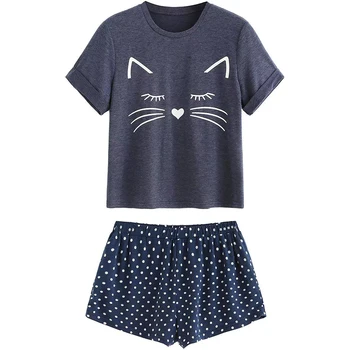 

Elastic Waist Cat Print Crew Neck Women Pajama Set Tops Polyester Nightwear Summer Short Sleeve Soft Shorts