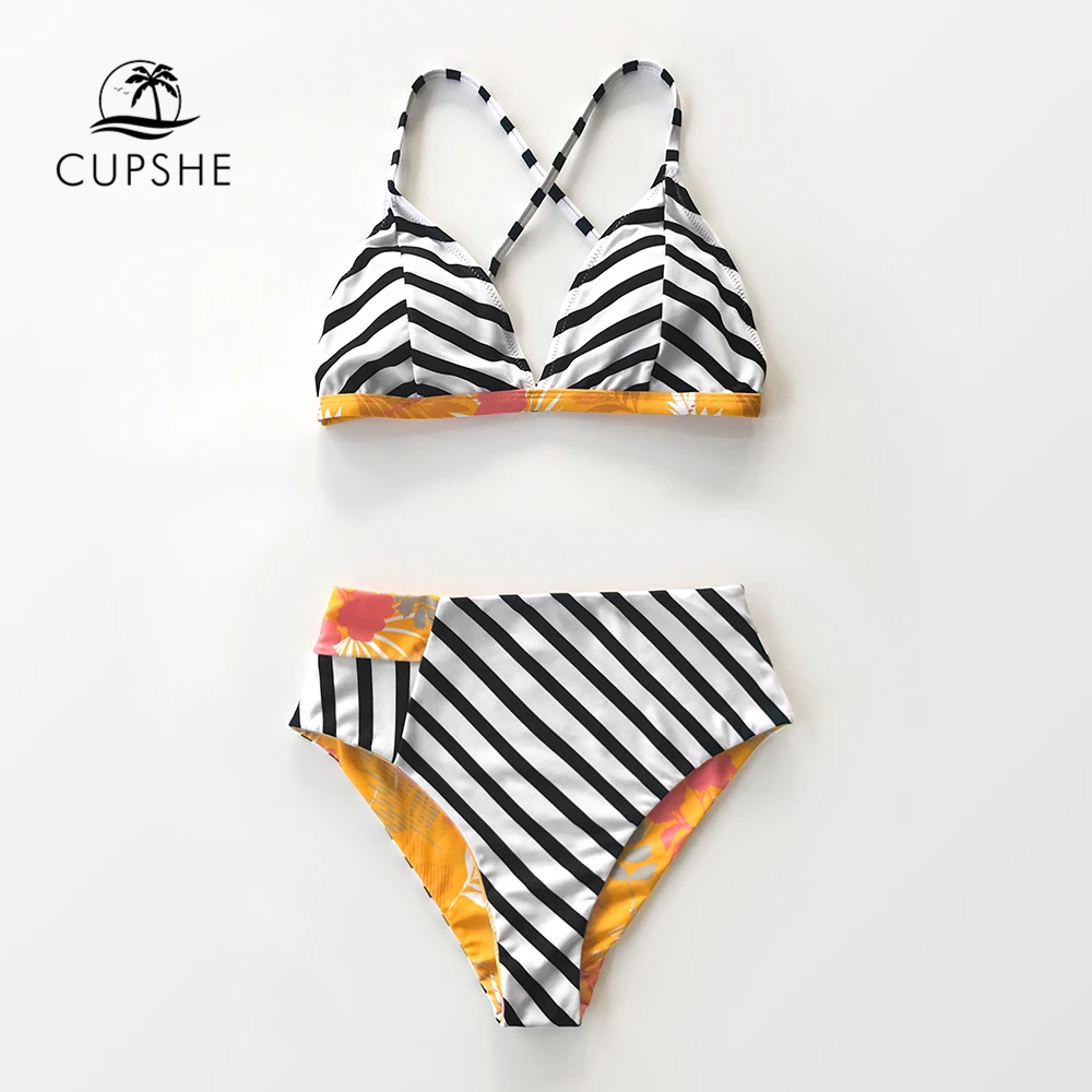 Najtaniej CUPSHE Stripe i z kwiatowym wzorem długa zwężona dwustronna Bikini Set Sexy strój kąpielowy strój kąpielowy dwuczęściowy kobiet 2020 strój kąpielowy