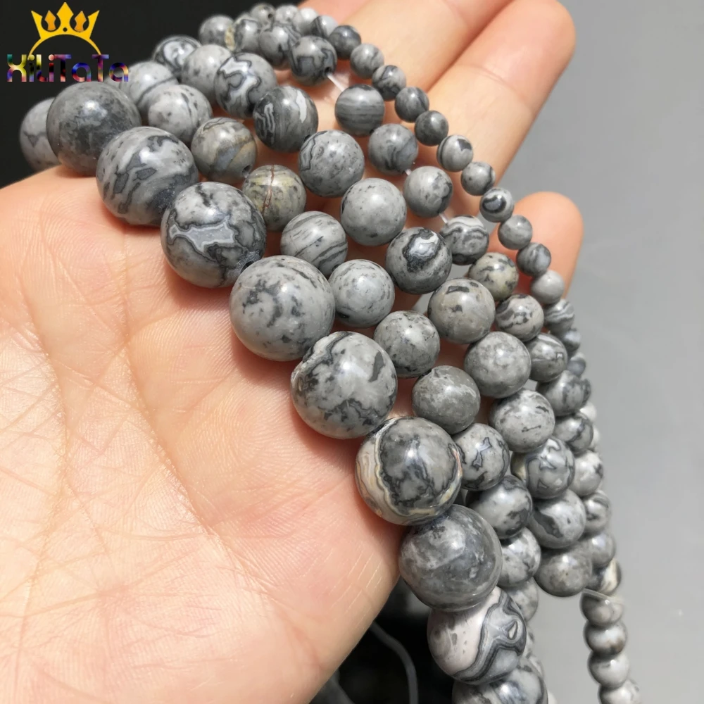 Natural Stone Beads Grey Map Jaspers Round Loose Beads For Jewelry DIY Making Bracelet Accessories 15'' Pick Size 4 6 8 10 12mm