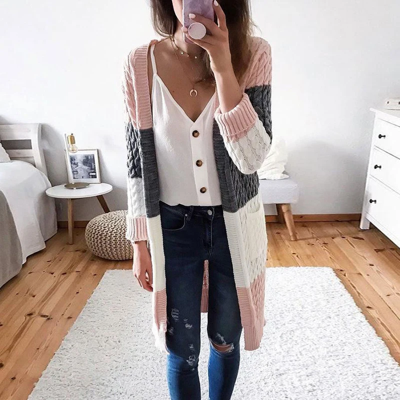 2021 Autumn Stripe Stitching Contrast Twisted Cardigan Winter Warm Pocket Long Top Ladies Casual Sleeve Knitted Sw |