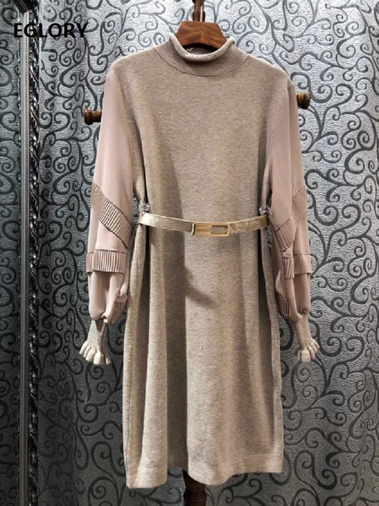 High Quality Wool Knitted Dress Spring Autumn Winter Sweater Dress Women Turtleneck Golden Buckle Belt Long Sleeve Dress
