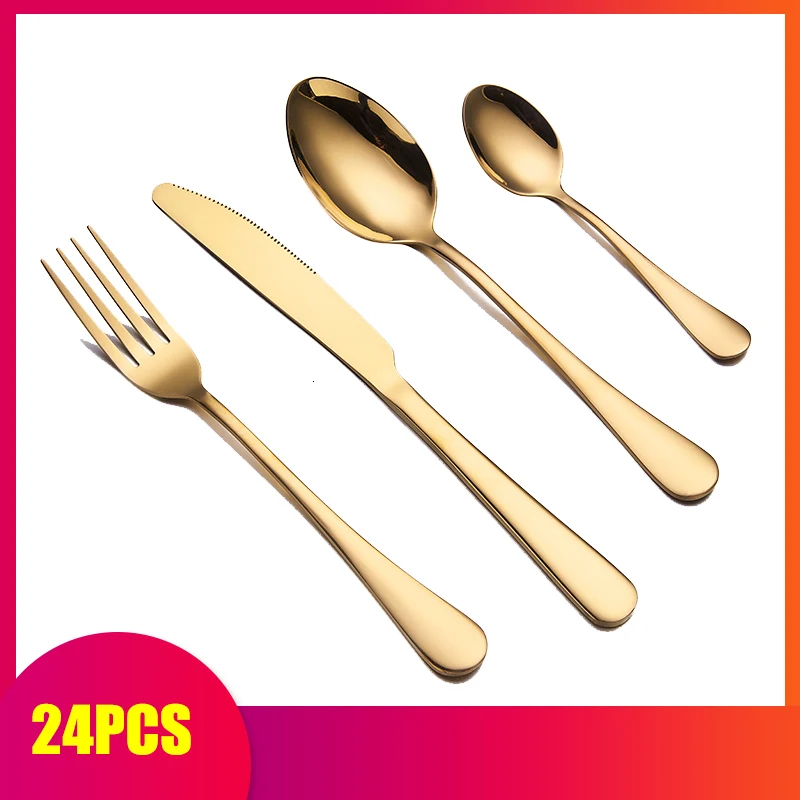 Spklifey Gold Cutlery 24 Pcs Dinnerware Set Gold Cutlery Set Gold Spoon