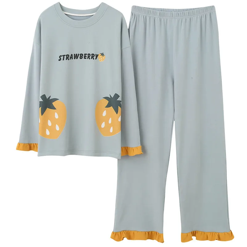 Loungewear женский пижамный комплект с длинными рукавами, гофрированная манжета, брюки, Хлопковая пижама, принт клубники, пижамы, Осенний женский пижамный комплект