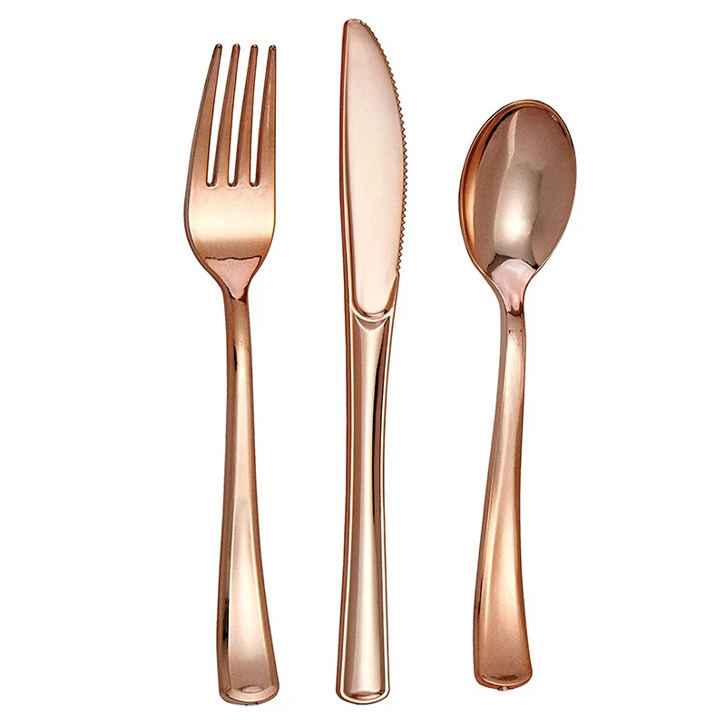 120Pcs Rose Gold Plastic Silverware Heavy Duty Disposable Cutlery Set Dinnerware Utensils Flatware（40 Forks 40 Spoons & 40 Knives） Rose Gold Silverware 