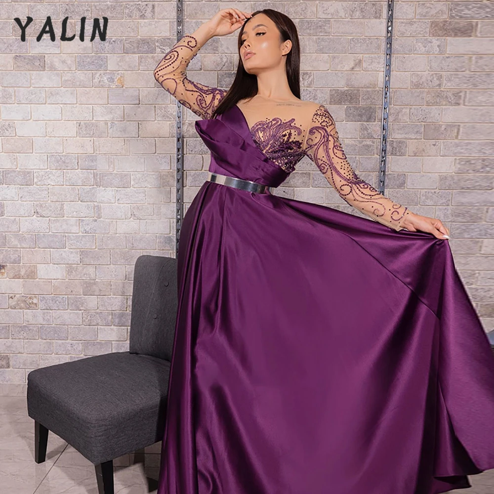 

YALIN Purple Satin Long Sleeve Evening Dresses See Thru Beaded Elegant Robes De Soirée Formal Party Gowns For Wedding Guest