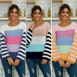 2019 осень зима новый полосатый цвет тянущийся свитер женский модный пуловер с длинными рукавами модный Плюс безразмерный свитер faminine-X