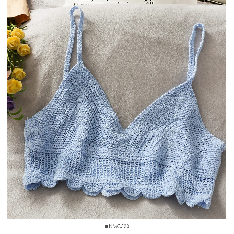 cream camisole Rings Diary Women Summer Crochet Crop Top V Neck Spaghetti Strap Candy Color Lettuce Edge Cute Top Backless Sexy Beachwear Top cheap bras