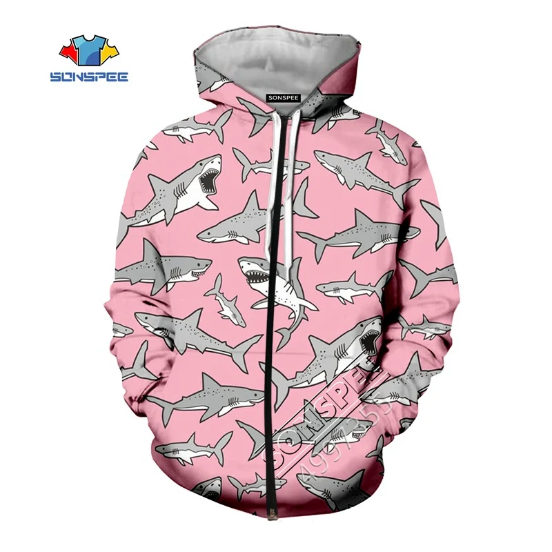 Zip hoodie SONSPEE/Дизайнерская одежда с 3D рисунком акулы розового цвета в стиле Харадзюку футболка для мальчиков и девочек-подростков детские топы, кавайные толстовки с капюшоном детские толстовки забавные г - Цвет: Zip hoodie