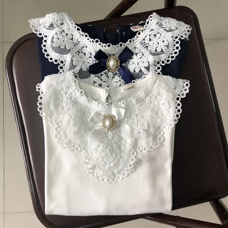 Children's School Girls Shirts Spring Fall Winter Kids White Long Sleeve Lace Bow Girl Tops And Blouse Baby Toddler Clothes JW3258 kids shirts