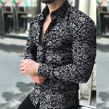 Casual Slim Fit Printed Dress Shirt For Men High Collar Long Sleeve Fashion Shirts Plus Size M To 5XL Men Clothing 2020