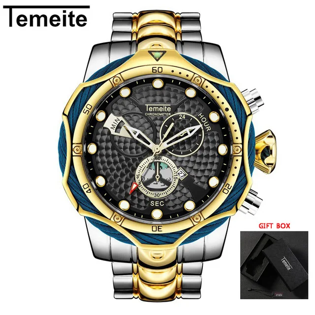 Temeite мужские часы Топ бренд дизайн роскошные золотые кварцевые часы для мужчин большой циферблат часы водонепроницаемые наручные часы Relogio Masculino - Цвет: sil gold black